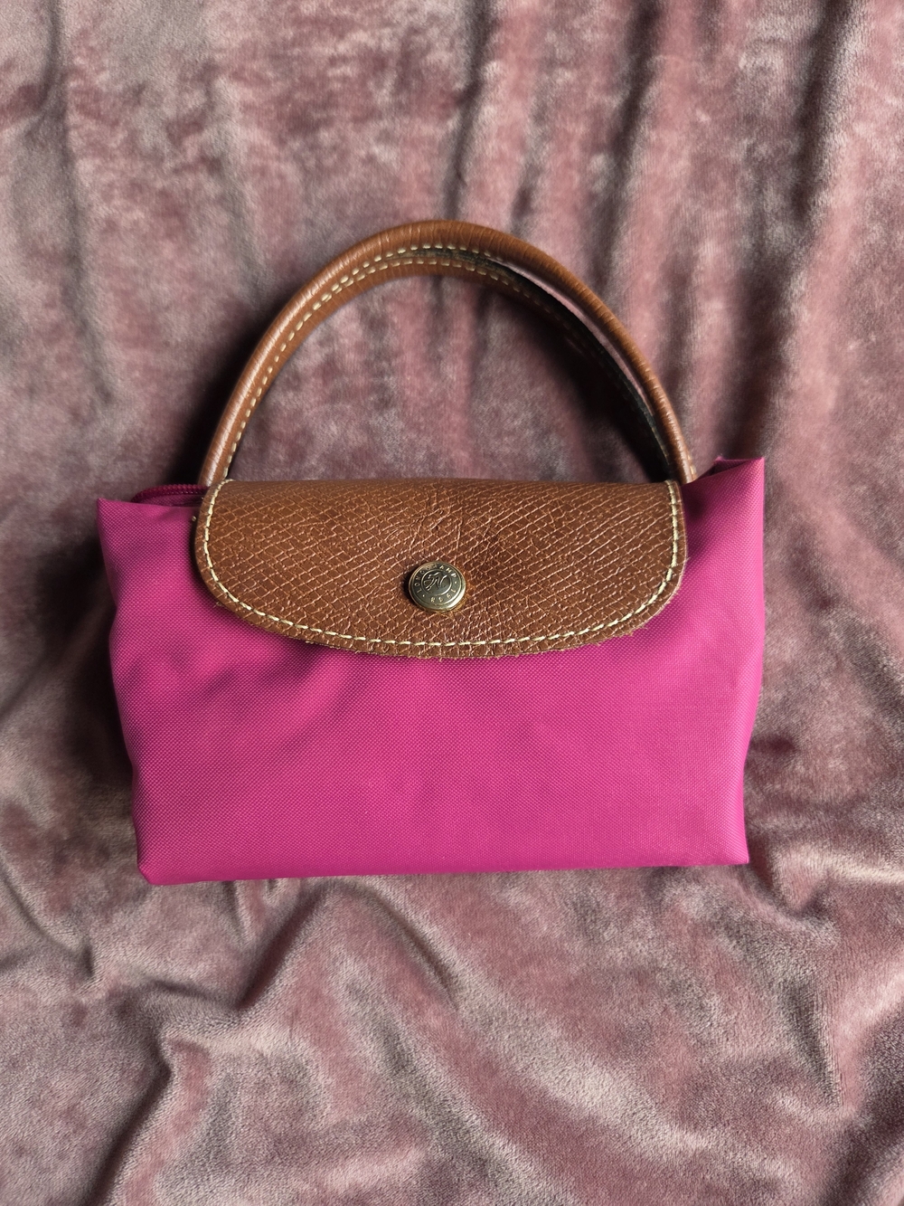 Longchamp Fuschia and Brown Le Pliage Style Top-Handle Bag - Small